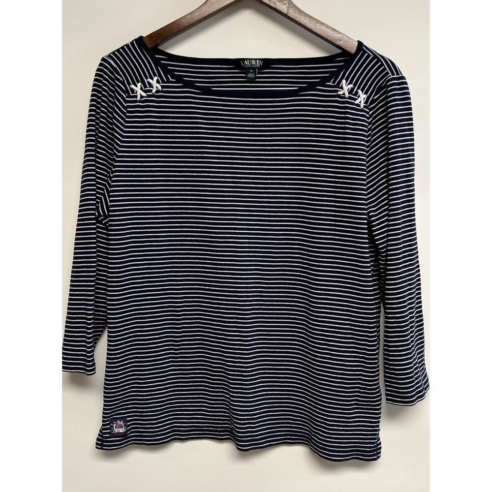 Ralph Lauren Navy Blue Striped Top XL Lace Up Rope Nautical Sailing Boating